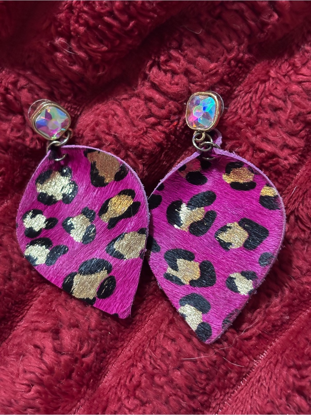 Pink Leopard Print Teardrop Earrings with Iridescent Studs